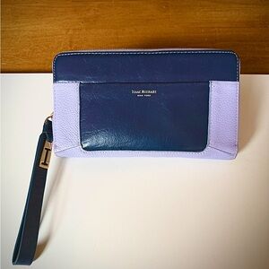 Isaac Mizrahi Leather Zip-Around Wristlet Wallet Navy Lavender Colorblock OS
